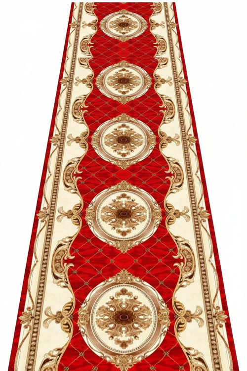 Tapis de Couloir Oriental Rouge et Or — Motif Médaillon Baroque — Tapis Long Antidérapant