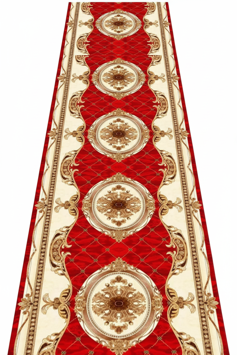 Tapis de Couloir Oriental Rouge et Or — Motif Médaillon Baroque — Tapis Long Antidérapant