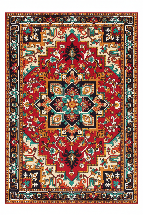 Tapis de Salon Oriental Rouge et Turquoise — Motif Médaillon Étoile Vintage — Grand Tapis Antidérapant
