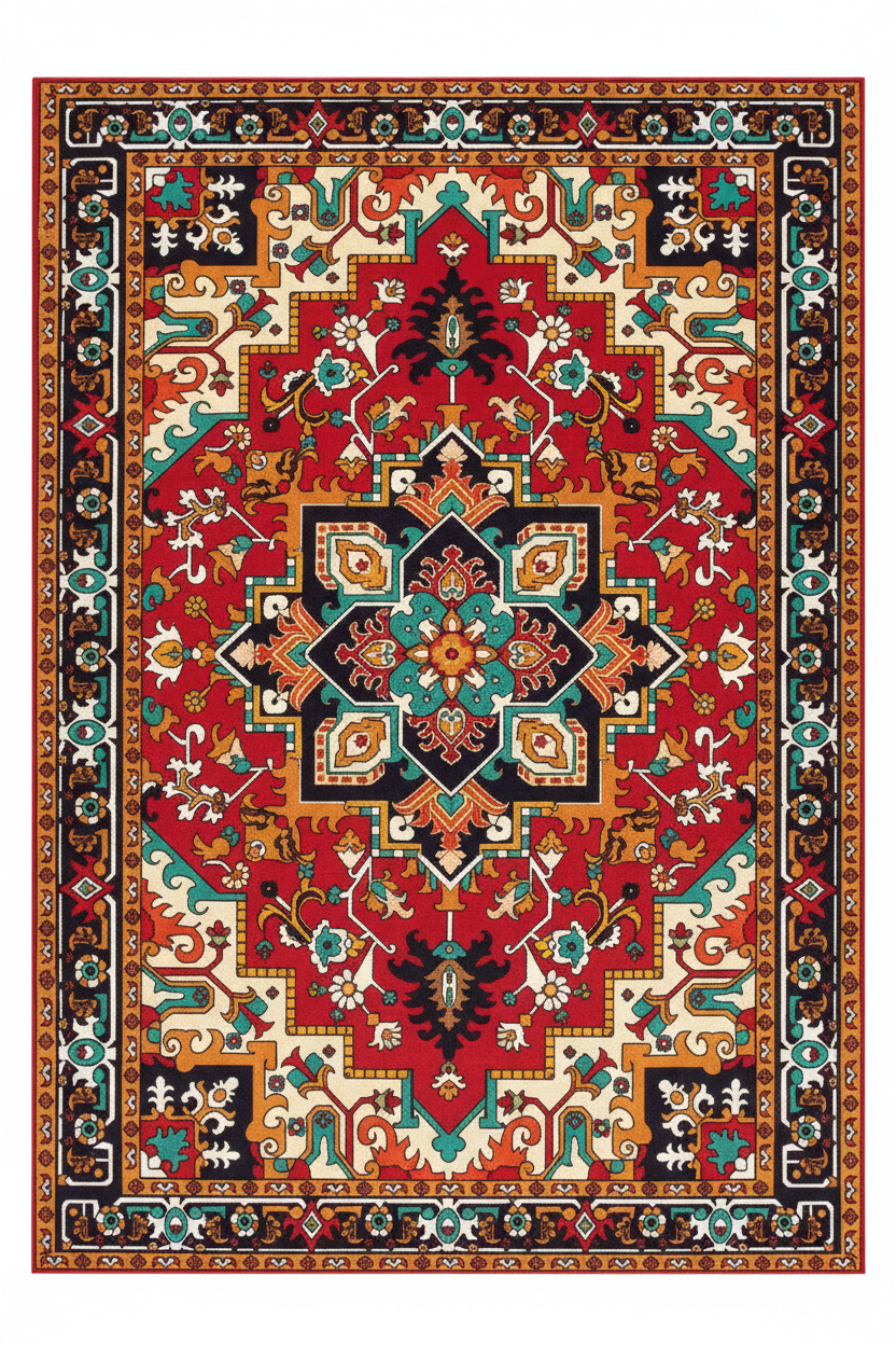 Tapis de Salon Oriental Rouge et Turquoise — Motif Médaillon Étoile Vintage — Grand Tapis Antidérapant