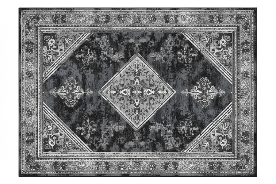 Tapis de Salon Oriental Gris — Motif Médaillon Losange Vintage — Grand Tapis Antidérapant