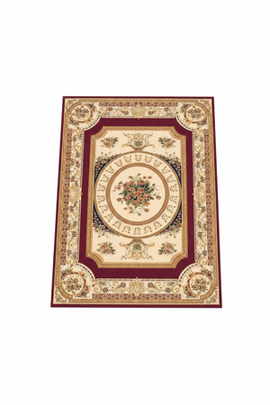Tapis de Salon Oriental Bordeaux et Crème — Motif Médaillon Floral Classique — Grand Tapis Antidérapant
