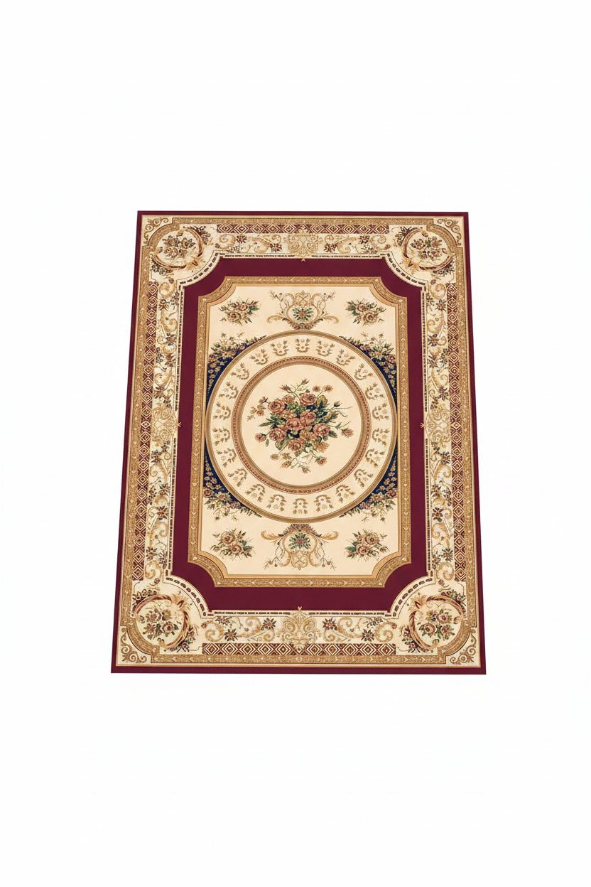 Tapis de Salon Oriental Bordeaux et Crème — Motif Médaillon Floral Classique — Grand Tapis Antidérapant