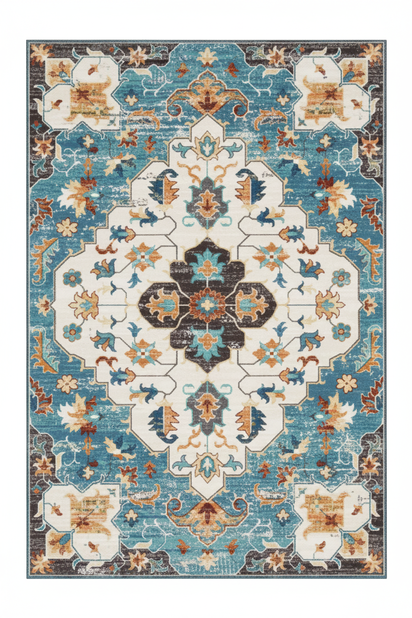 Tapis de Salon Oriental Turquoise et Multicolore — Motif Médaillon Floral Vintage — Grand Tapis Antidérapant