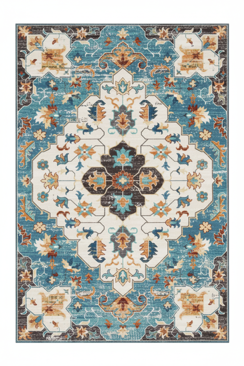 Tapis de Salon Oriental Turquoise et Multicolore — Motif Médaillon Floral Vintage — Grand Tapis Antidérapant