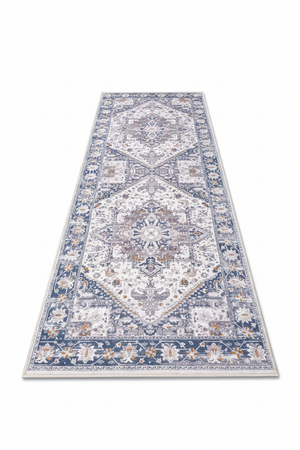Tapis de Cuisine Oriental Long Bleu et Lavande — Motif Médaillon Vintage — Tapis Antidérapant