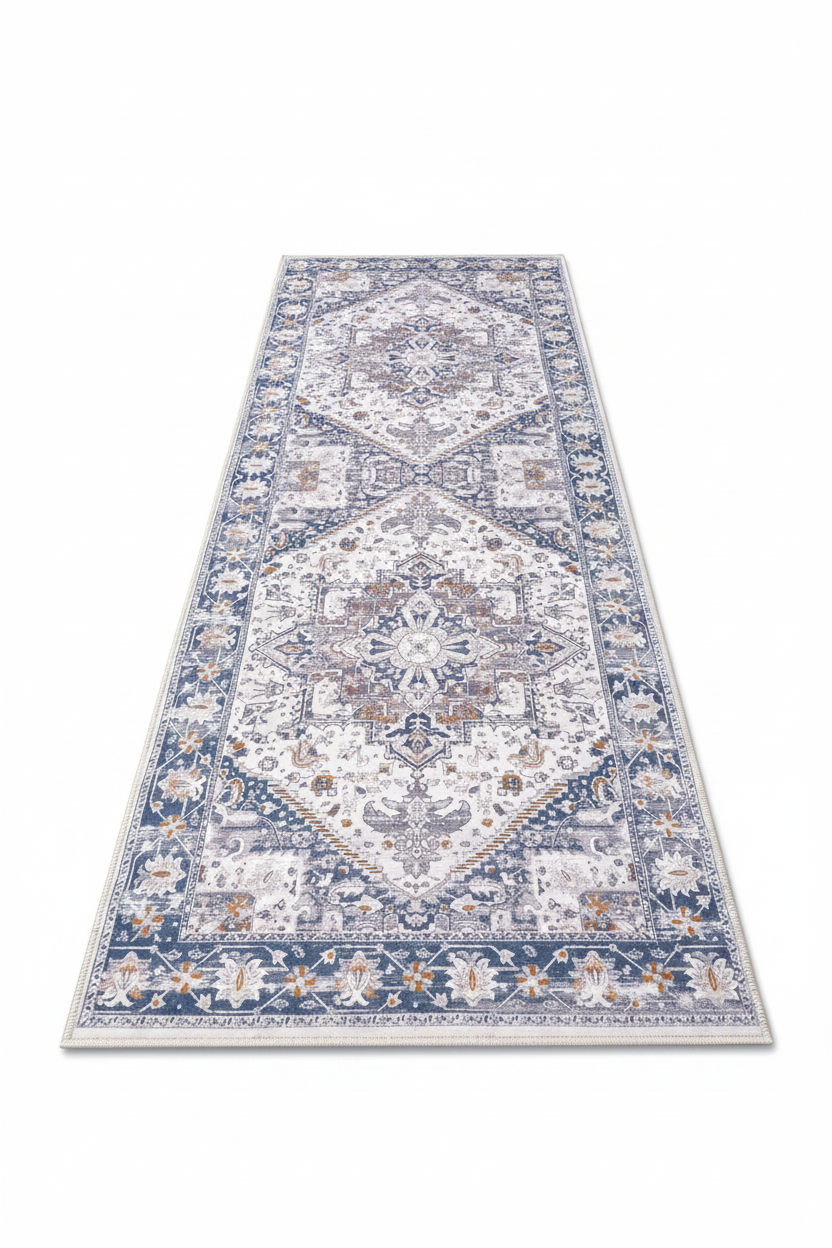 Tapis de Cuisine Oriental Long Bleu et Lavande — Motif Médaillon Vintage — Tapis Antidérapant
