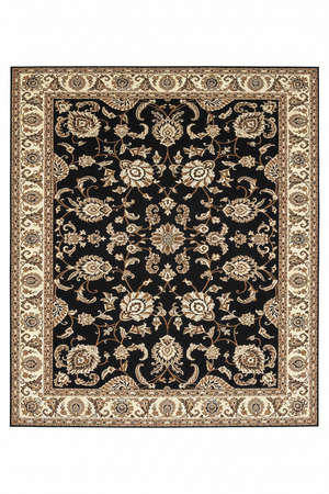 Tapis de Salon Oriental Noir et Doré — Motif Floral Classique — Grand Tapis Antidérapant