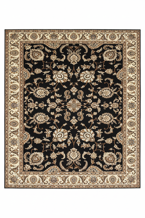 Tapis de Salon Oriental Noir et Doré — Motif Floral Classique — Grand Tapis Antidérapant