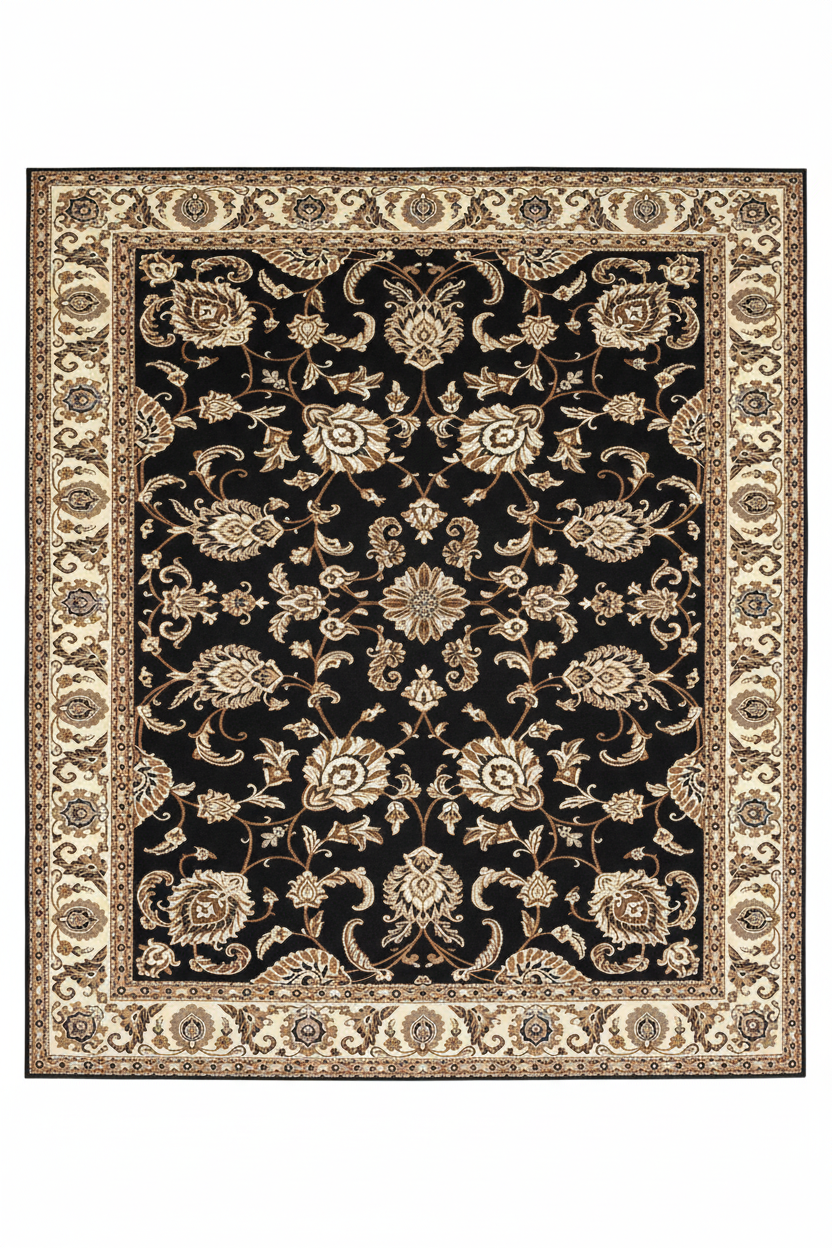 Tapis de Salon Oriental Noir et Doré — Motif Floral Classique — Grand Tapis Antidérapant