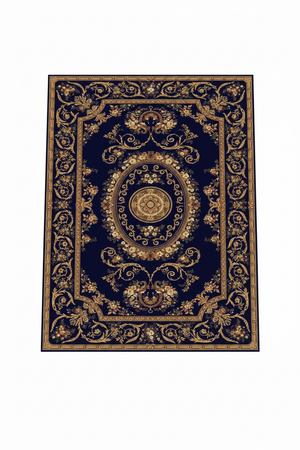 Tapis de Salon Oriental Bleu Marine et Doré — Motif Médaillon Royal Floral | Grand Tapis Antidérapant