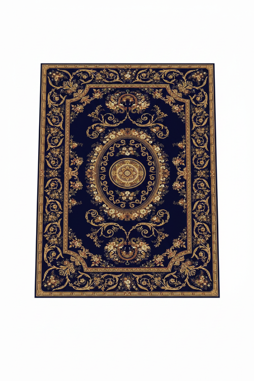 Tapis de Salon Oriental Bleu Marine et Doré — Motif Médaillon Royal Floral | Grand Tapis Antidérapant