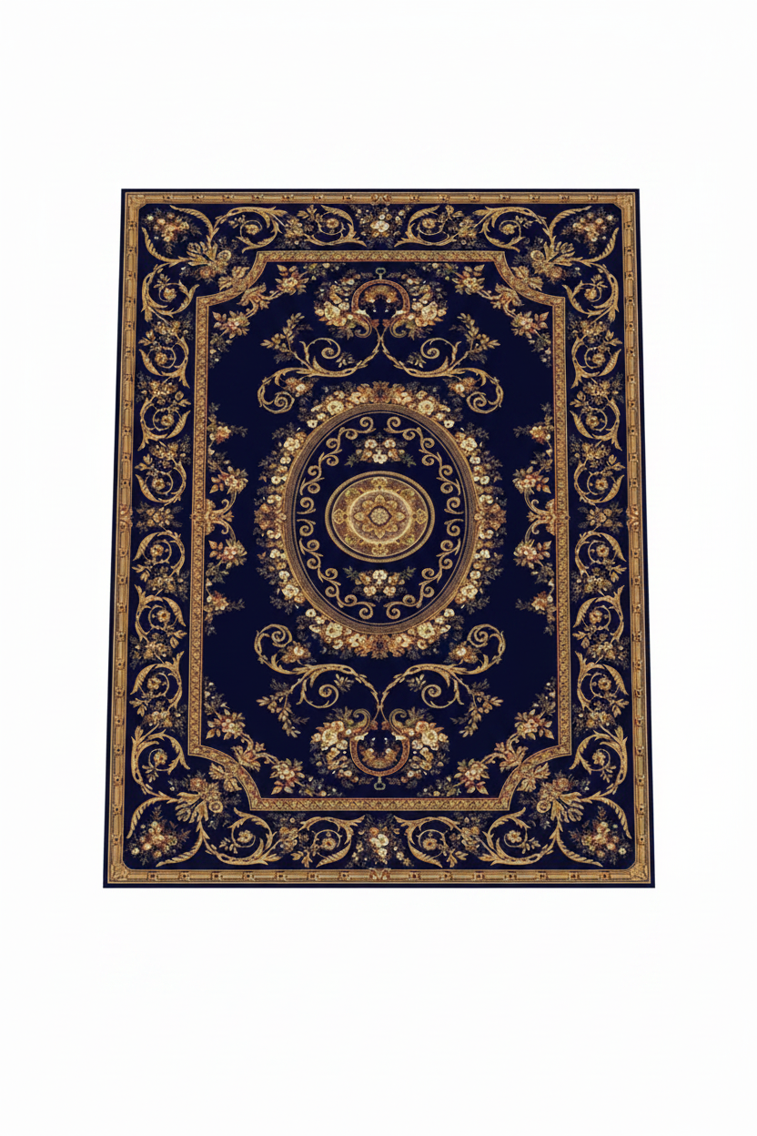 Tapis de Salon Oriental Bleu Marine et Doré — Motif Médaillon Royal Floral | Grand Tapis Antidérapant