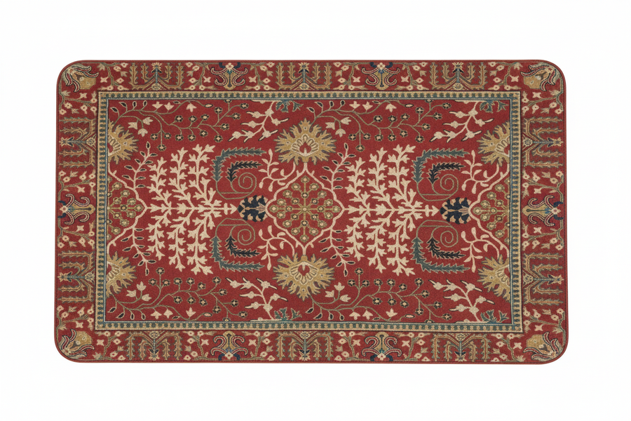 Tapis de Bain Oriental Rouge et Ivoire — Motif Floral Vintage — Tapis de Salle de Bain Antidérapant
