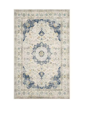Tapis de Salon Oriental Crème et Bleu Marine — Motif Médaillon Floral Délavé — Grand Tapis Antidérapant