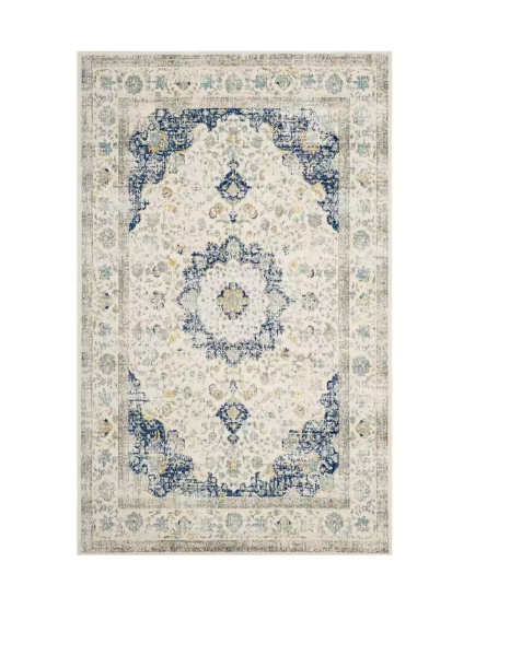 Tapis de Salon Oriental Crème et Bleu Marine — Motif Médaillon Floral Délavé — Grand Tapis Antidérapant