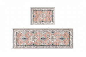 Tapis de Cuisine Oriental Terracotta et Gris — Set 2 Pièces Motif Géométrique Vintage — Tapis Antidérapant