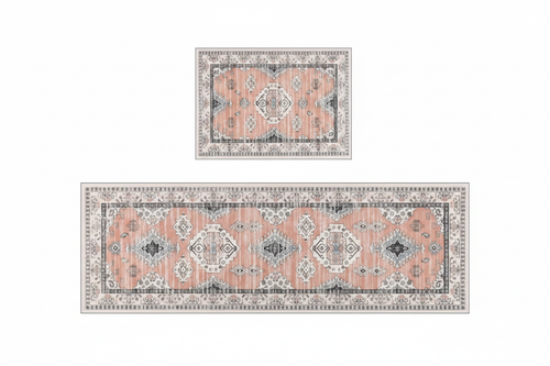Tapis de Cuisine Oriental Terracotta et Gris — Set 2 Pièces Motif Géométrique Vintage — Tapis Antidérapant