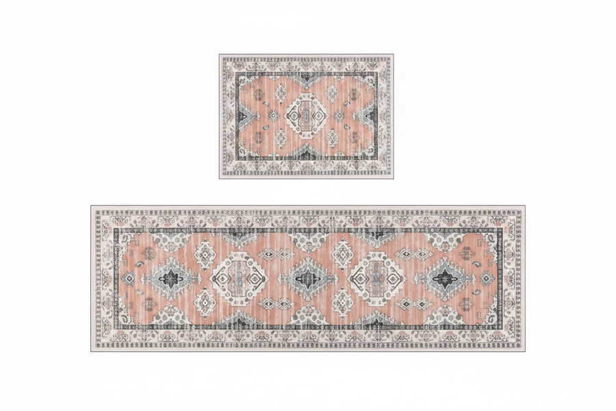 Tapis de Cuisine Oriental Terracotta et Gris — Set 2 Pièces Motif Géométrique Vintage — Tapis Antidérapant