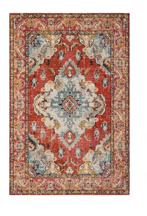 Tapis de Salon Oriental Rouge Corail et Bleu — Motif Médaillon Ethnique Coloré — Grand Tapis Antidérapant