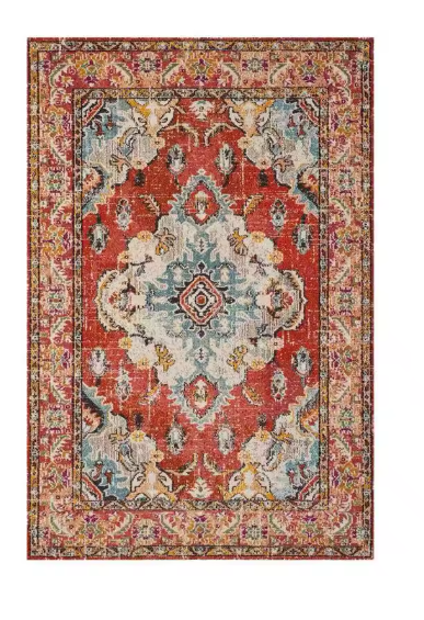 Tapis de Salon Oriental Rouge Corail et Bleu — Motif Médaillon Ethnique Coloré — Grand Tapis Antidérapant