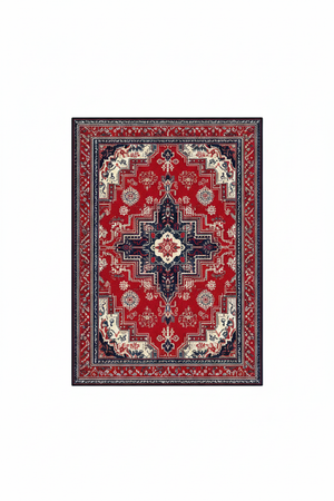 Tapis de Salon Oriental Rouge et Bleu Marine — Motif Médaillon Géométrique — Grand Tapis Antidérapant