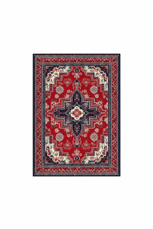 Tapis de Salon Oriental Rouge et Bleu Marine — Motif Médaillon Géométrique — Grand Tapis Antidérapant