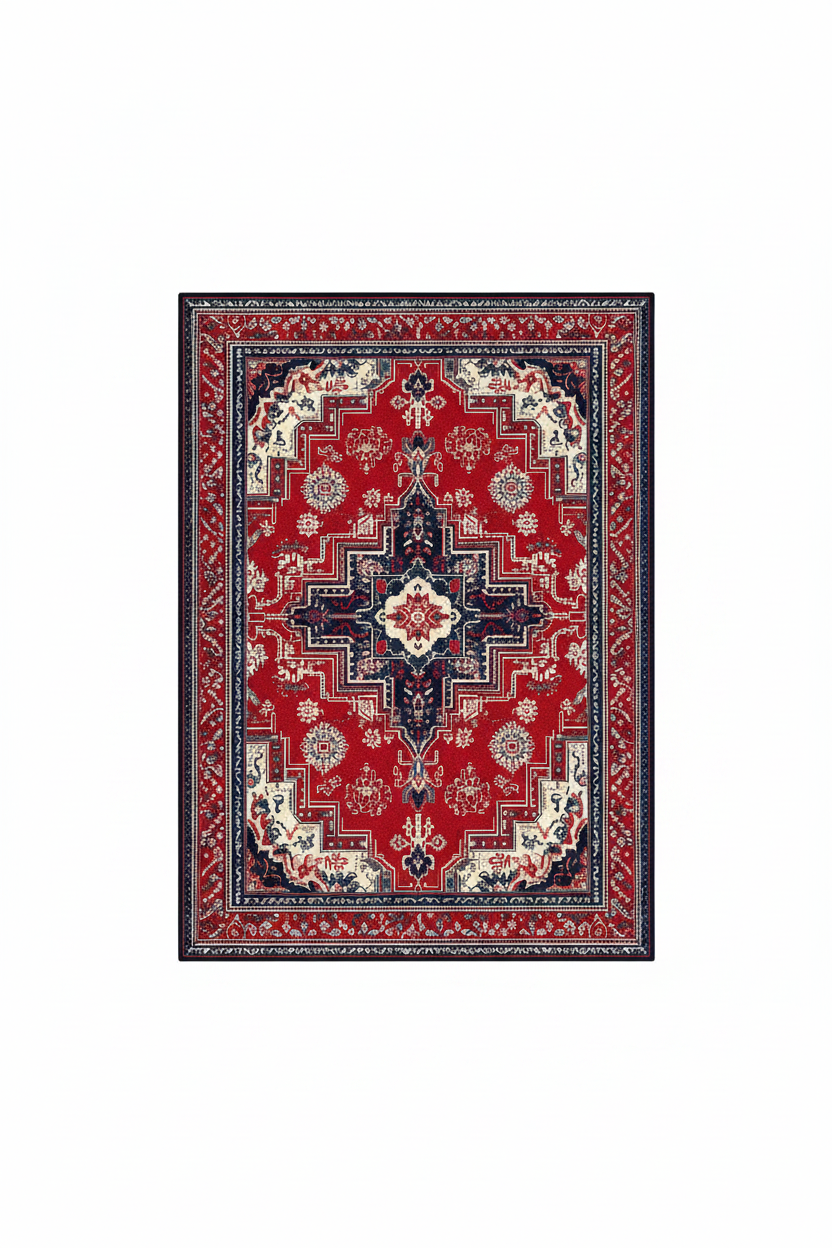 Tapis de Salon Oriental Rouge et Bleu Marine — Motif Médaillon Géométrique — Grand Tapis Antidérapant