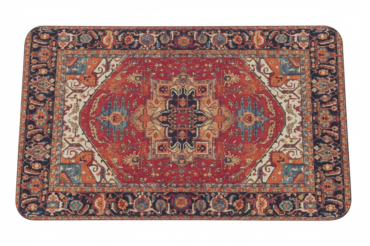 Tapis de Bain Oriental Rouge et Bleu Marine — Motif Médaillon Ethnique — Tapis de Salle de Bain Antidérapant