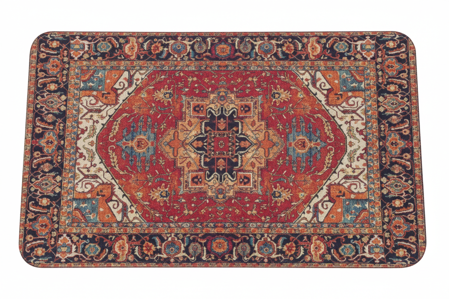 Tapis de Bain Oriental Rouge et Bleu Marine — Motif Médaillon Ethnique — Tapis de Salle de Bain Antidérapant
