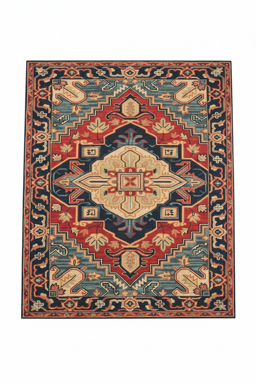 Tapis de Salon Oriental Rouge et Bleu — Motif Médaillon Tribal Géométrique — Grand Tapis Antidérapant