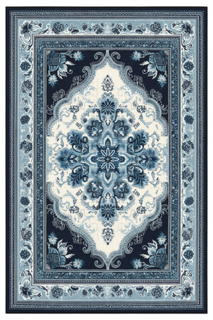 Tapis de Salon Oriental Bleu Marine et Bleu Ciel — Motif Médaillon Floral Élégant — Grand Tapis Antidérapant