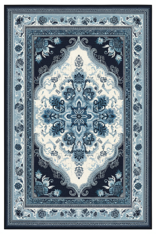 Tapis de Salon Oriental Bleu Marine et Bleu Ciel — Motif Médaillon Floral Élégant — Grand Tapis Antidérapant