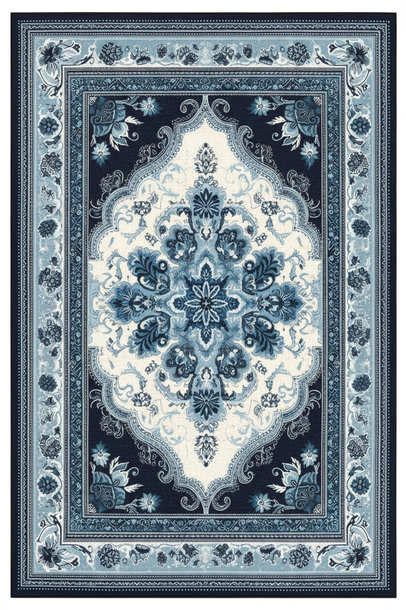 Tapis de Salon Oriental Bleu Marine et Bleu Ciel — Motif Médaillon Floral Élégant — Grand Tapis Antidérapant