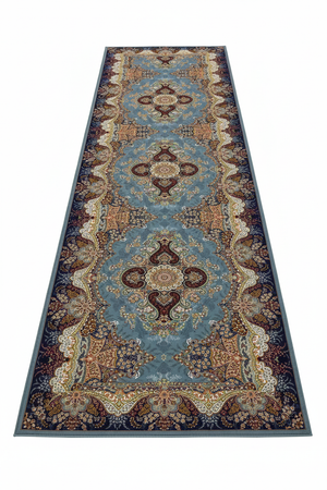 Tapis de Couloir Oriental Bleu et Bordeaux — Motif Médaillon Luxe | Tapis Long Antidérapant