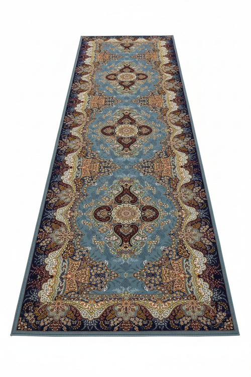 Tapis de Couloir Oriental Bleu et Bordeaux — Motif Médaillon Luxe | Tapis Long Antidérapant