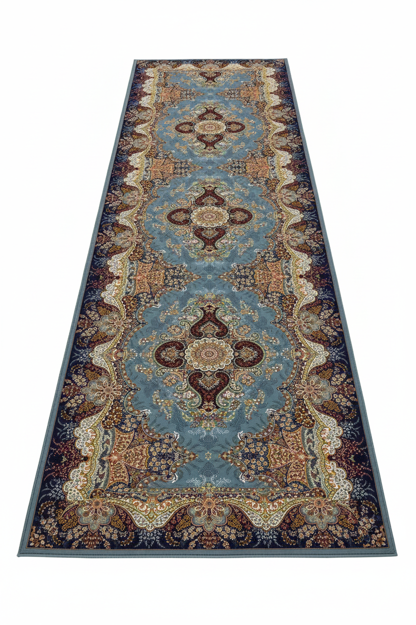Tapis de Couloir Oriental Bleu et Bordeaux — Motif Médaillon Luxe | Tapis Long Antidérapant
