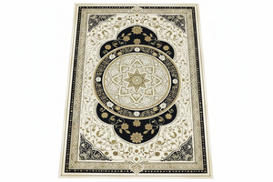 Tapis de Salon Oriental Noir et Doré — Motif Médaillon Luxe — Grand Tapis Antidérapant