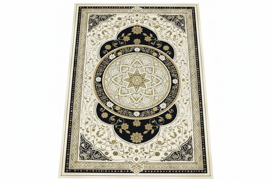 Tapis de Salon Oriental Noir et Doré — Motif Médaillon Luxe — Grand Tapis Antidérapant