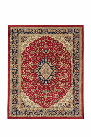Tapis de Salon Oriental Rouge et Bleu Marine — Motif Médaillon Fleuri Vintage — Grand Tapis Antidérapant
