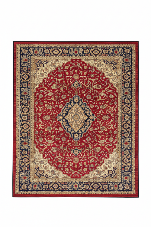 Tapis de Salon Oriental Rouge et Bleu Marine — Motif Médaillon Fleuri Vintage — Grand Tapis Antidérapant