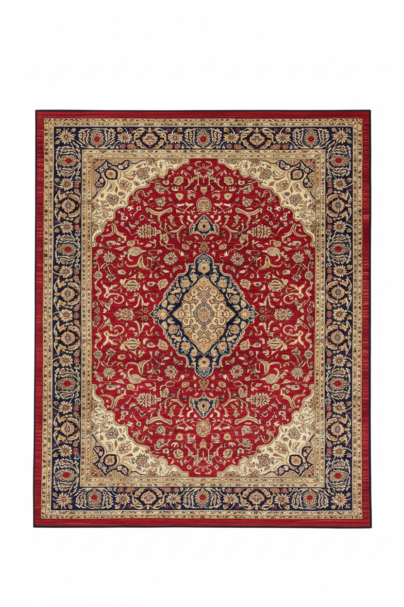 Tapis de Salon Oriental Rouge et Bleu Marine — Motif Médaillon Fleuri Vintage — Grand Tapis Antidérapant