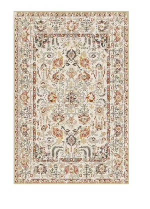 Tapis de Salon Oriental Ivoire et Multicolore — Motif Floral Classique — Grand Tapis Antidérapant