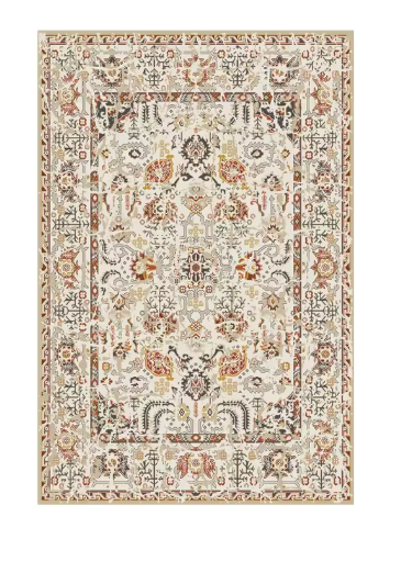 Tapis de Salon Oriental Ivoire et Multicolore — Motif Floral Classique — Grand Tapis Antidérapant
