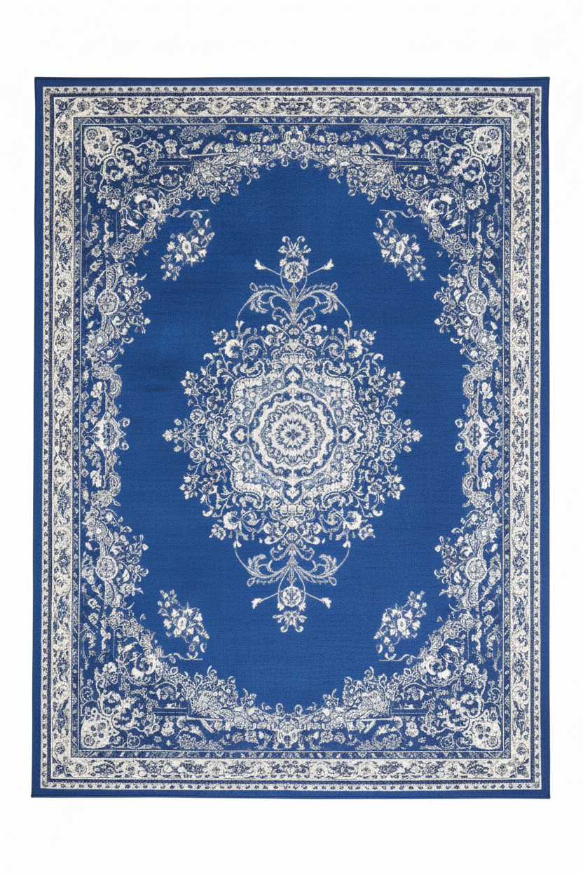 Tapis de Salon Oriental Bleu — Motif Médaillon Floral Épuré — Grand Tapis Antidérapant