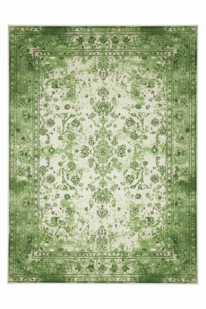 Tapis de Salon Oriental Vert — Motif Floral Vintage Délavé — Grand Tapis Antidérapant