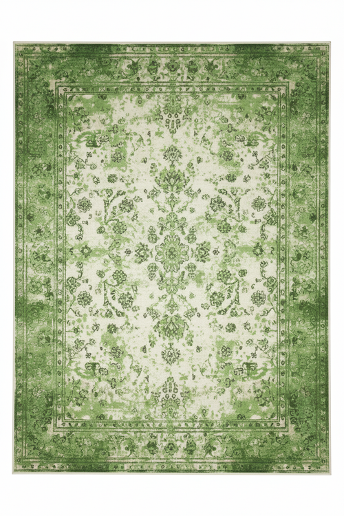 Tapis de Salon Oriental Vert — Motif Floral Vintage Délavé — Grand Tapis Antidérapant