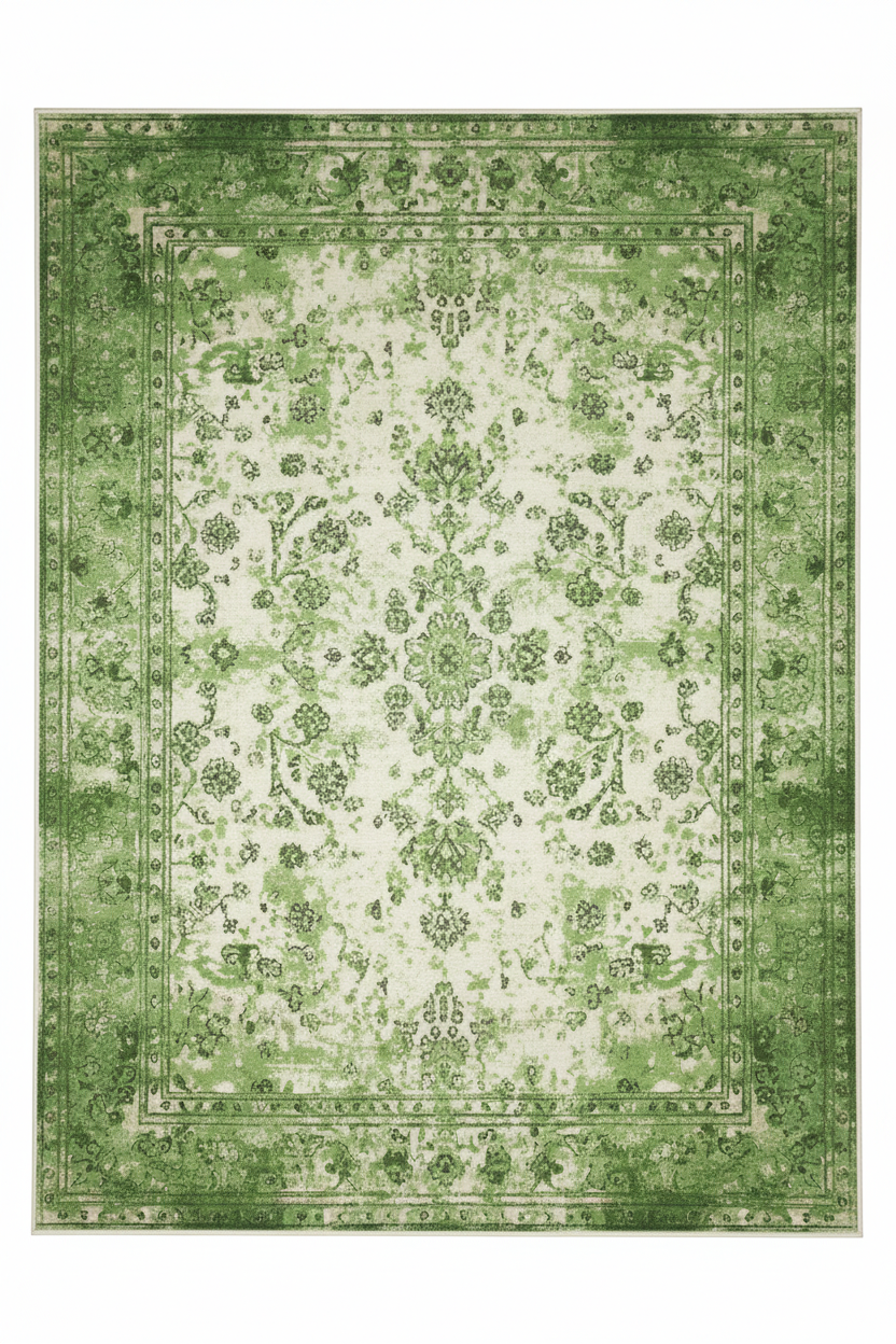 Tapis de Salon Oriental Vert — Motif Floral Vintage Délavé — Grand Tapis Antidérapant