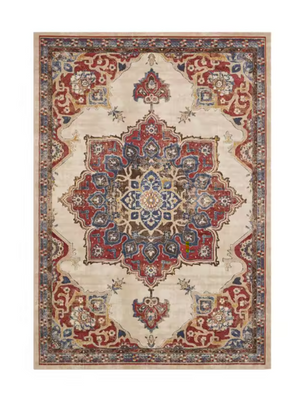 Tapis de Salon Oriental Crème et Rouge — Motif Médaillon Étoile Classique — Grand Tapis Antidérapant