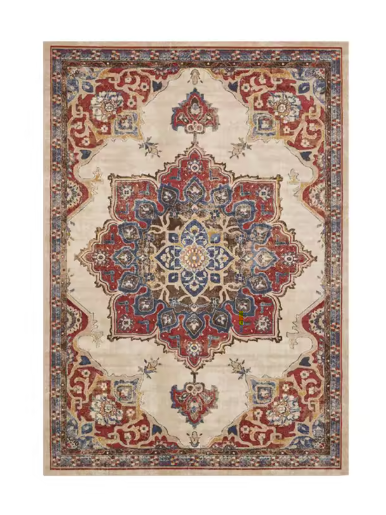 Tapis de Salon Oriental Crème et Rouge — Motif Médaillon Étoile Classique — Grand Tapis Antidérapant